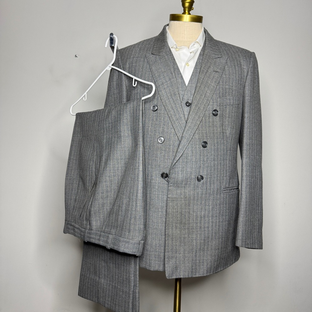 Vtg 70s Custom Tailored Suit 42R 33W Mens Tweed 3‎ Piece Double Breast YSL Liner